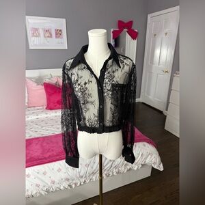 Black Sheer Lace Button-Up Blouse